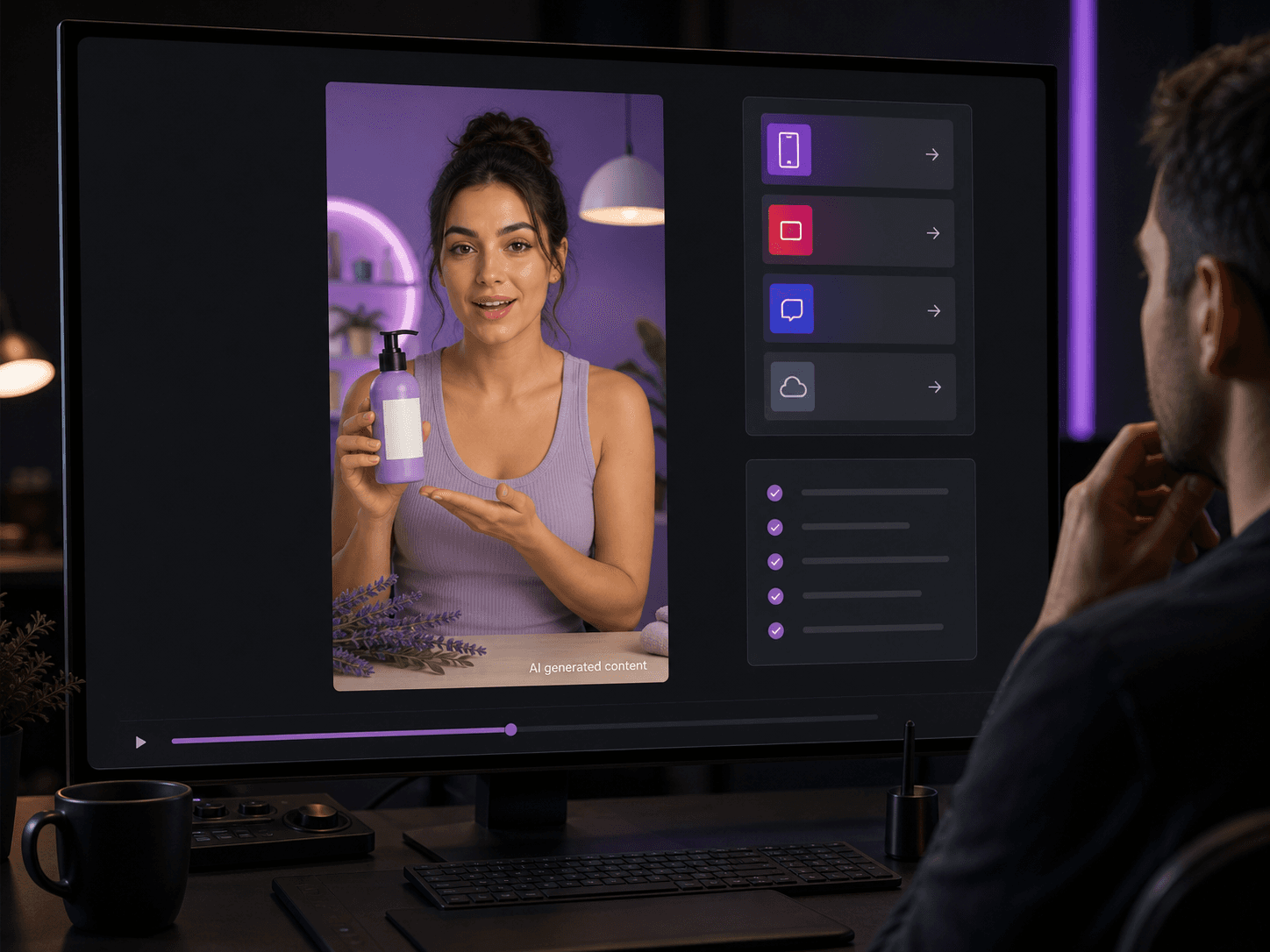 Podgląd wideo z widocznym oznaczeniem "AI generated content"
