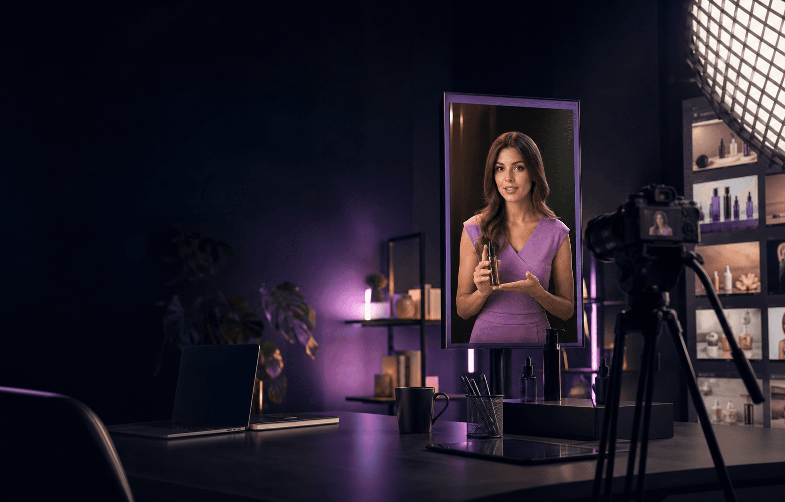 Studio produkcji wideo z awatarem AI prezentującym produkt ecommerce